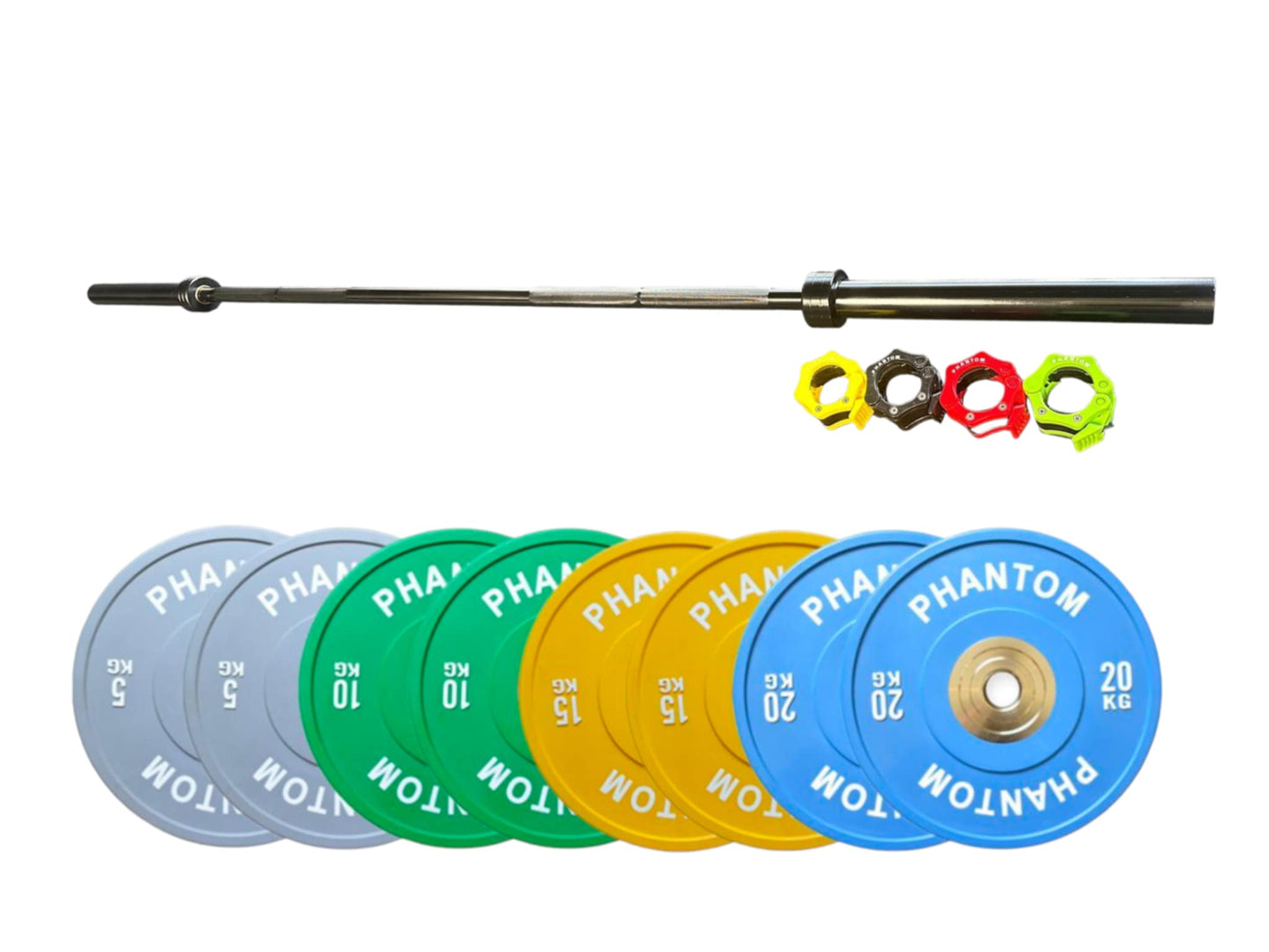 Package Bundle - 100KG Competition Olympic Bumper Plates + Phantom Black Signature Stealth 2.2m 20KG Barbell (700LBS) + Pair of Barbell Collars